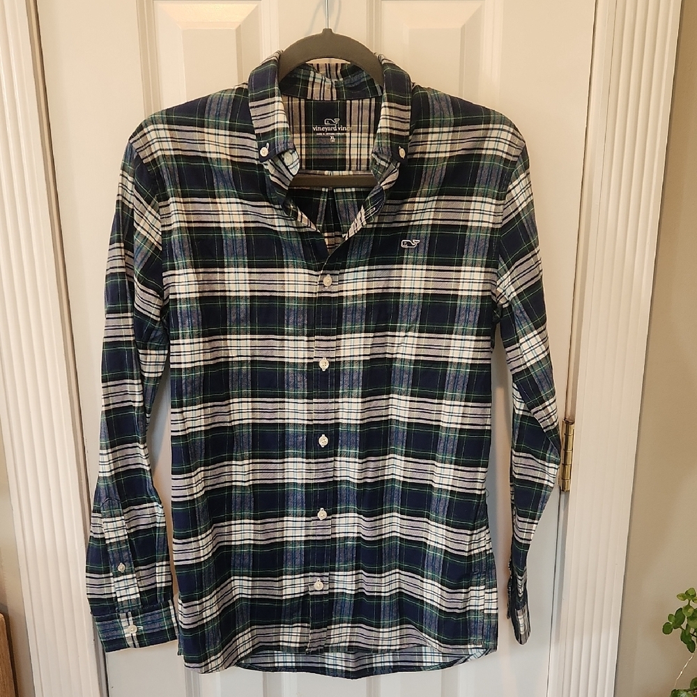 Vineyard Vines Men's Navy and Green Plaid Shirt